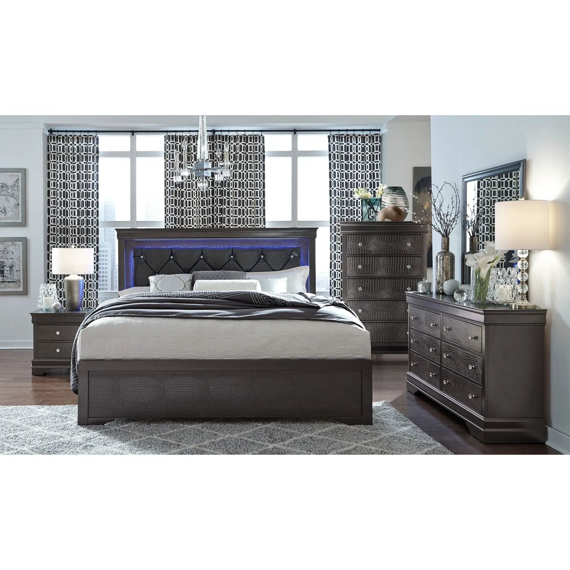 Shaker - 5 Pieces Bedroom Set With Crystal Inspired Tufted Headboard And LED Lighting by Unique Piece Furniture