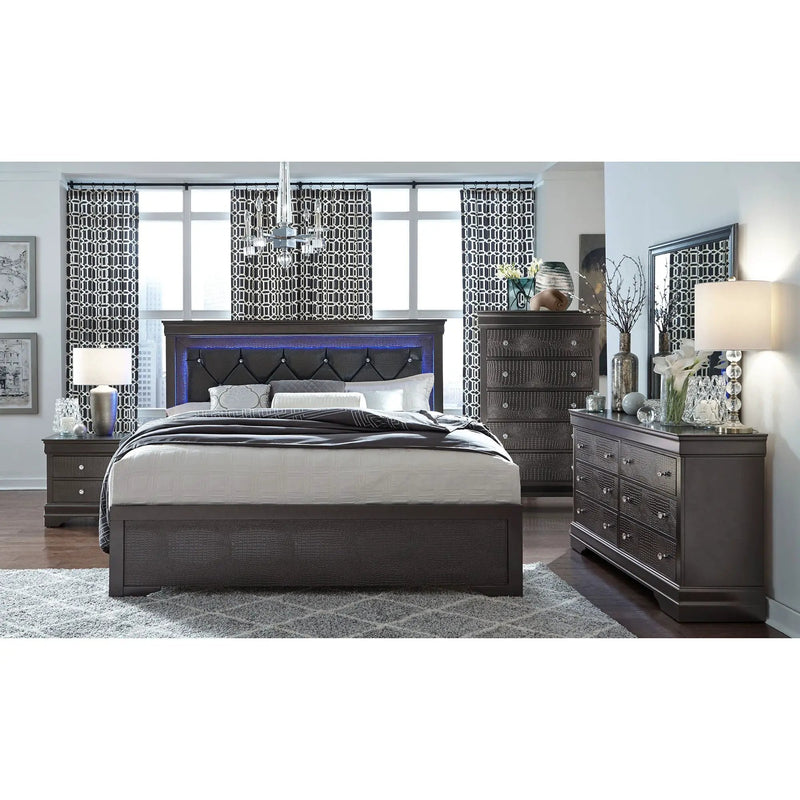 Shaker - 5 Pieces Bedroom Set With Crystal Inspired Tufted Headboard And LED Lighting by Unique Piece Furniture