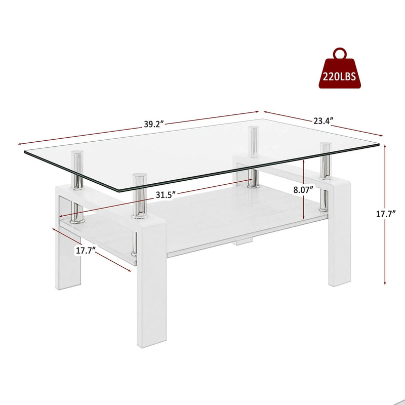 Modern Rectangular Coffee Table With Tempered Transparent Glass Top And Storage Shelf by Unique Piece Furniture