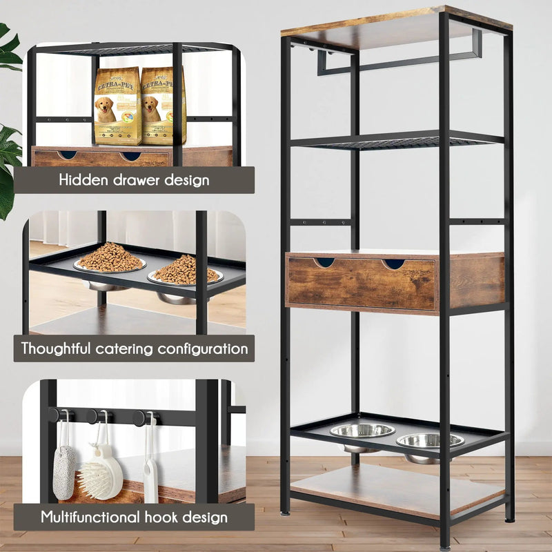 Dog Feeding Station, 3 Height Adjustable Raised Dog Bowls, Dog Feeder Station For Large Medium Dogs Cats, Dog Storage With Shelves - Black / Dark Brown by HouseOfZazla