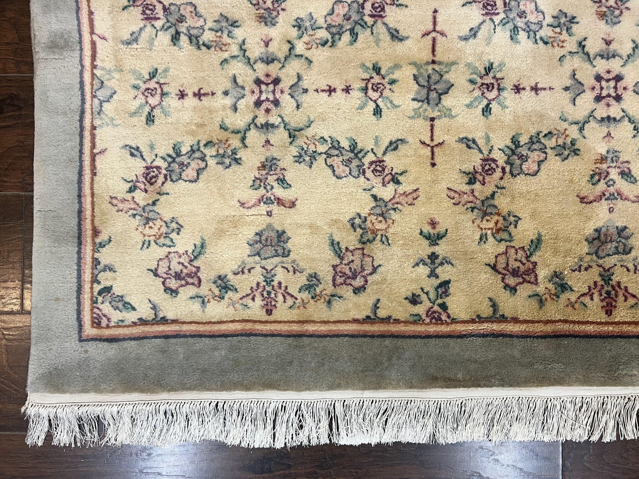 Sino Persian Rug 8x10, Floral, Oatmeal and Light Teal, Handmade Wool Vintage Carpet by Jewel Rugs