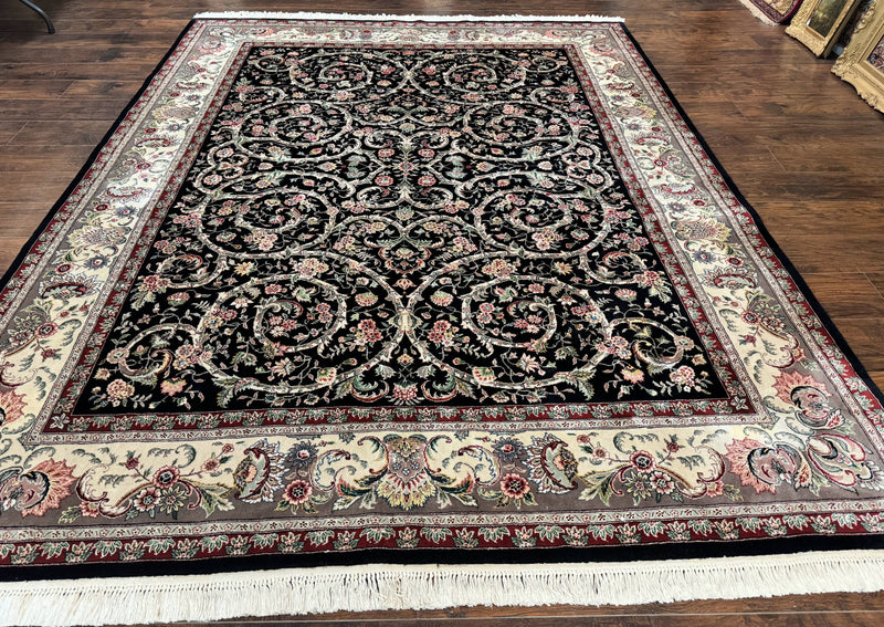 Black Pak Persian Rug 8x11, Floral Pattern, Hand Knotted Vintage Wool Rug with Silk Highlights, Fine 200 KPSI by Jewel Rugs