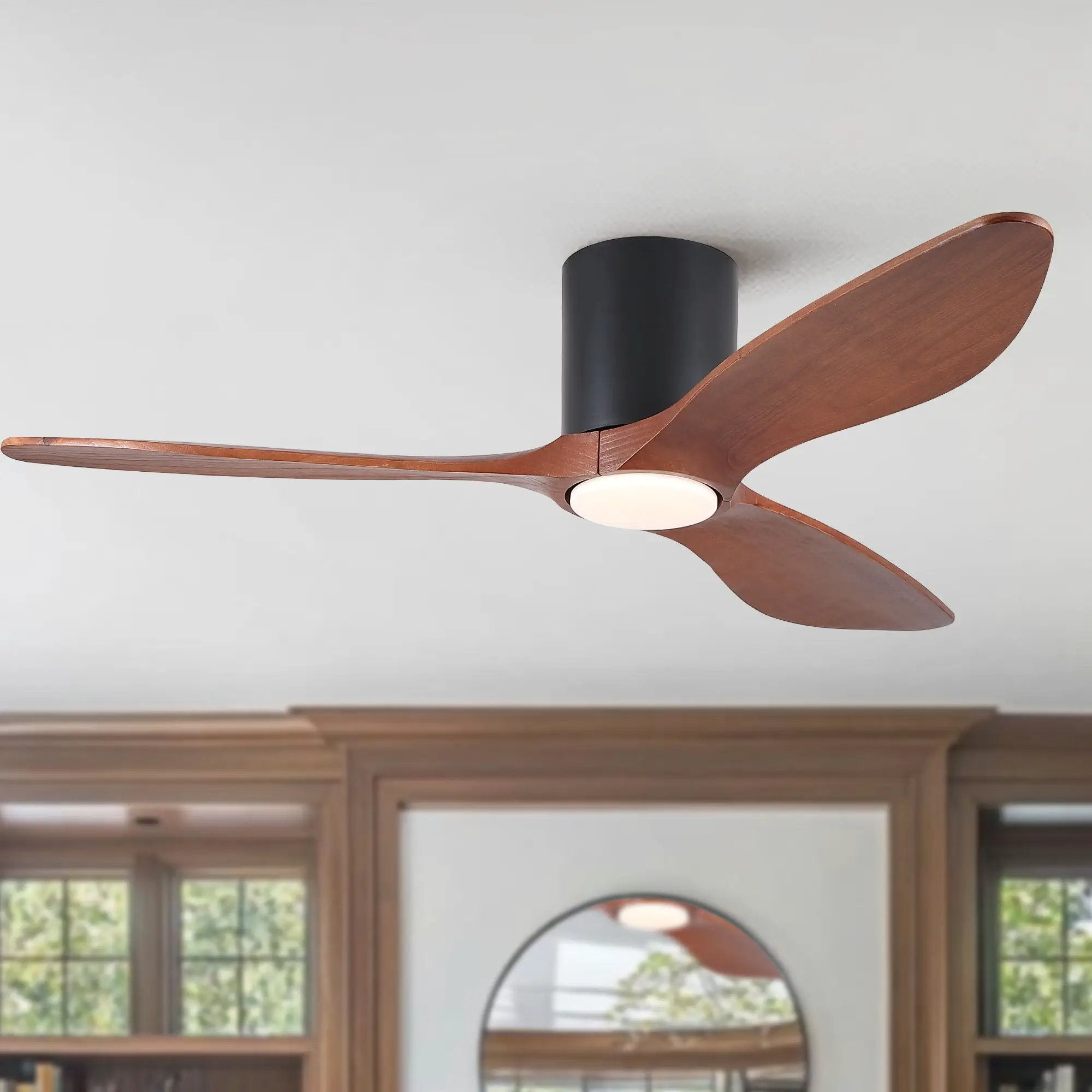 Low Profile Flush Mount Ceiling Fan With Light And Reversible Quiet Motor - Matte Black by Unique Piece Furniture