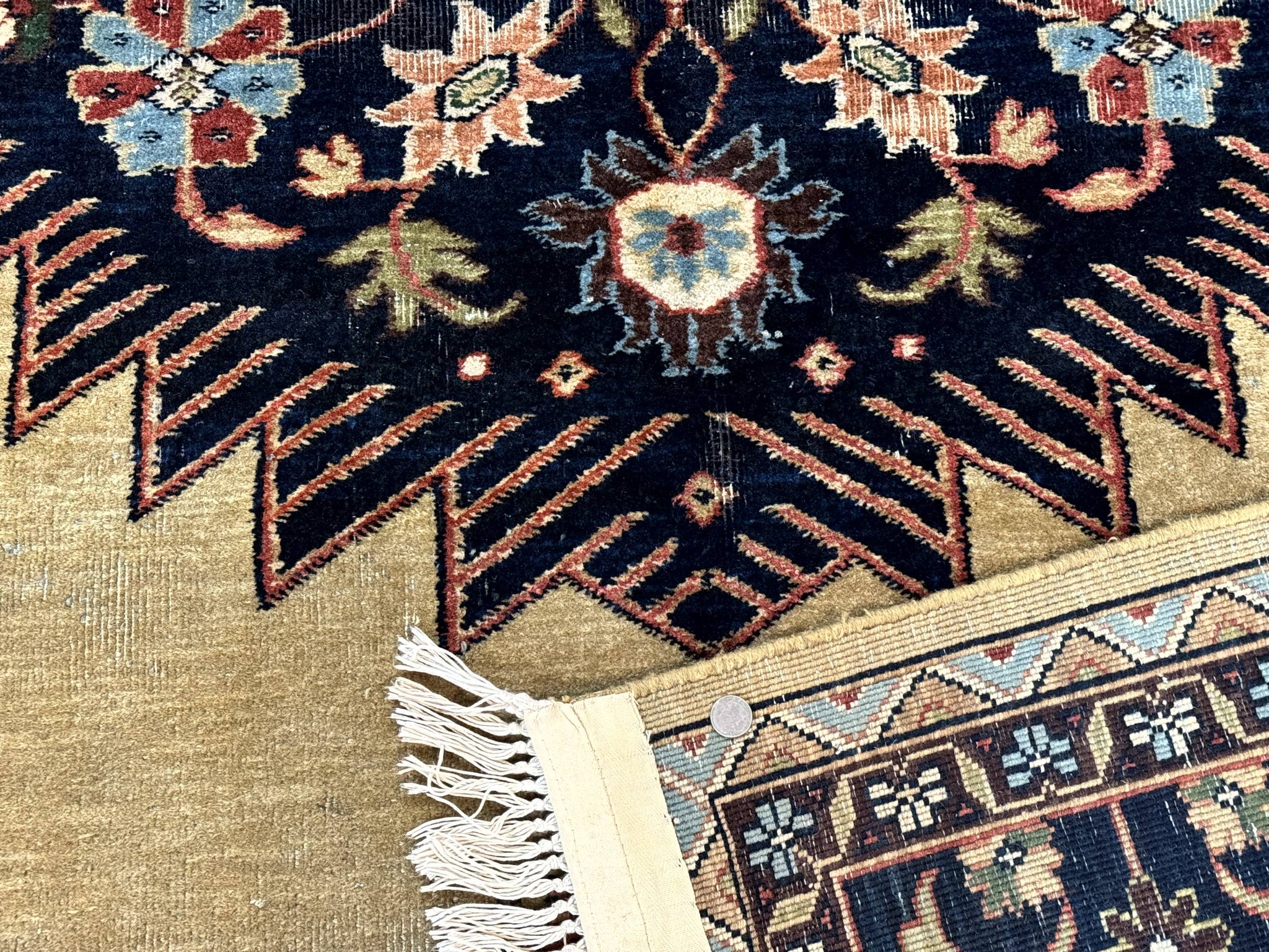 Indo Persian Heriz Rug 8x12, Camel Hair Tan and Navy Blue, Decorative by Jewel Rugs