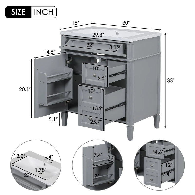 Bathroom Vanity With Top Sink, 2 Doors And 3 Drawers, Freestanding Set With Mirror Cabinet by HouseOfZazla