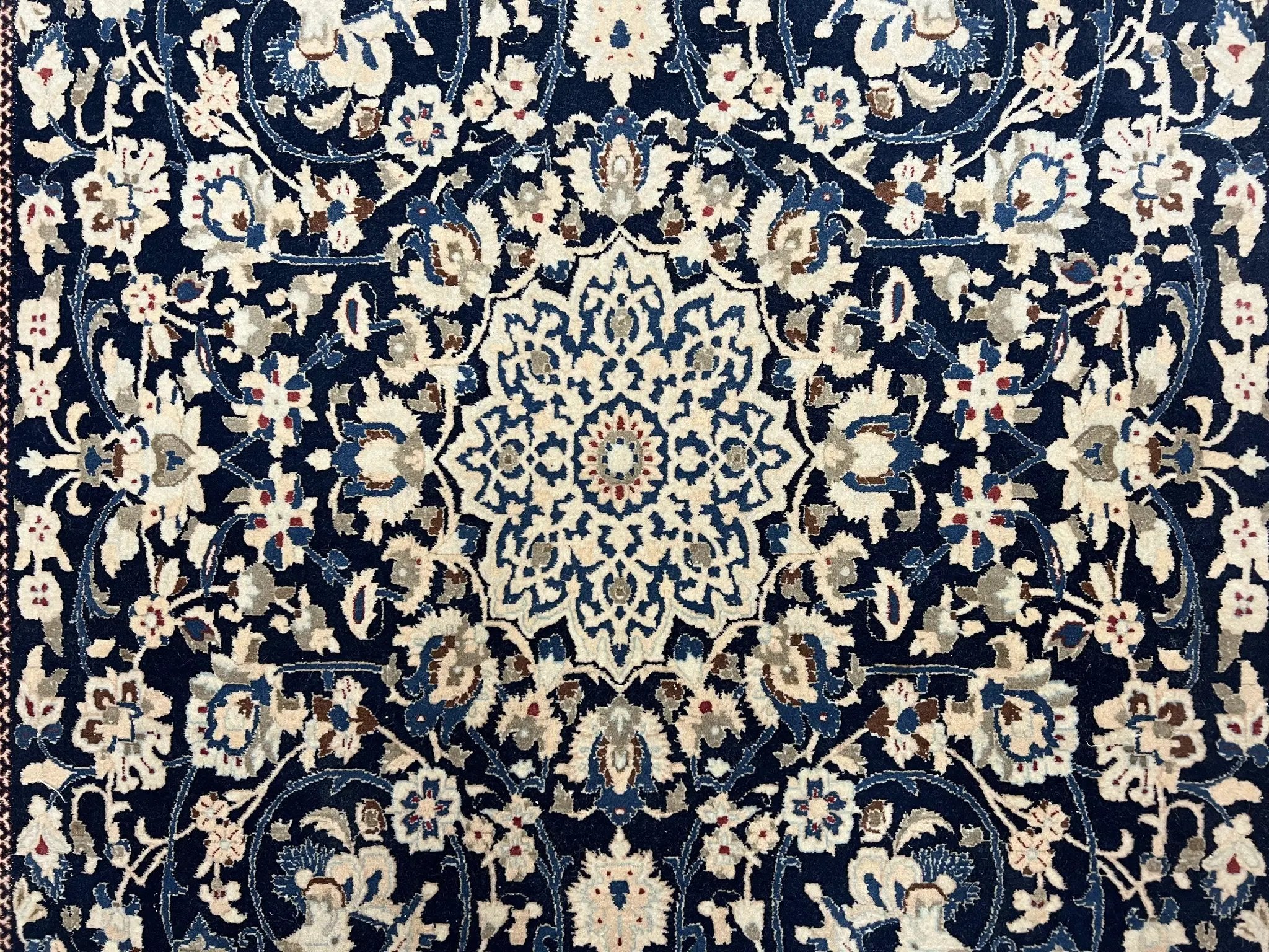 Very Fine Persian Nain Rug 3.7 x 6, Floral Medallion, Wool and Silk Accents, Highly Detailed, Hand Knotted Oriental Carpet, Navy Blue Ivory/Cream by Jewel Rugs