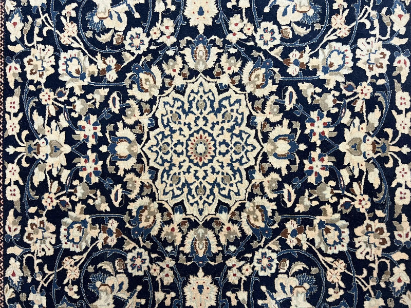 Very Fine Persian Nain Rug 3.7 x 6, Floral Medallion, Wool and Silk Accents, Highly Detailed, Hand Knotted Oriental Carpet, Navy Blue Ivory/Cream by Jewel Rugs