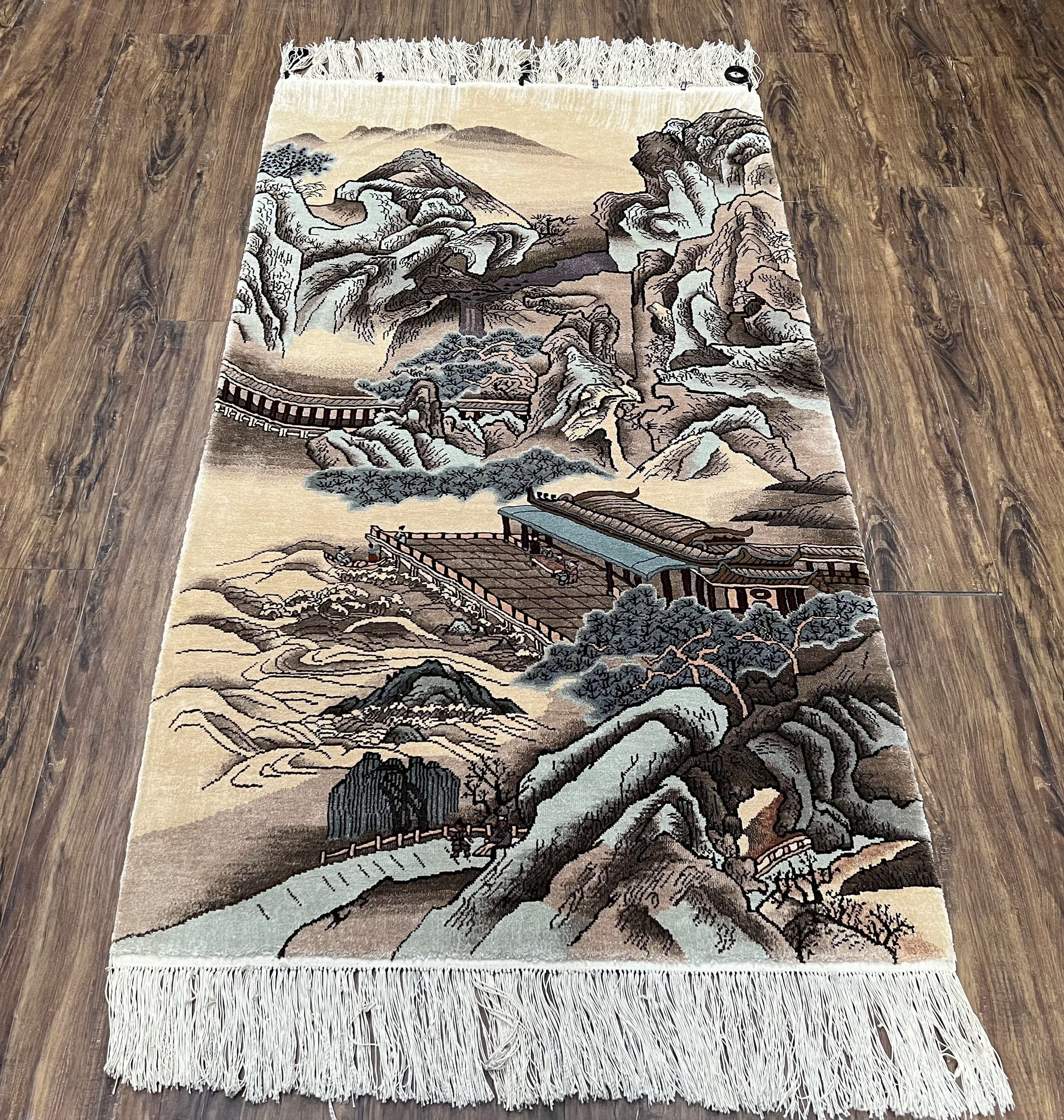 Silk Chinese Wall Hanging Rug 3x6 ft Tapestry, Pagoda Scene, Pictorial, High Quality Fine Hand Knotted Vintage, Asian Oriental Handmade Nice by Jewel Rugs