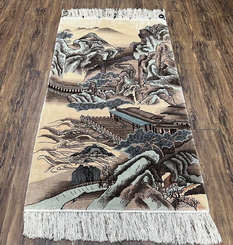 Silk Chinese Wall Hanging Rug 3x6 ft Tapestry, Pagoda Scene, Pictorial, High Quality Fine Hand Knotted Vintage, Asian Oriental Handmade Nice by Jewel Rugs