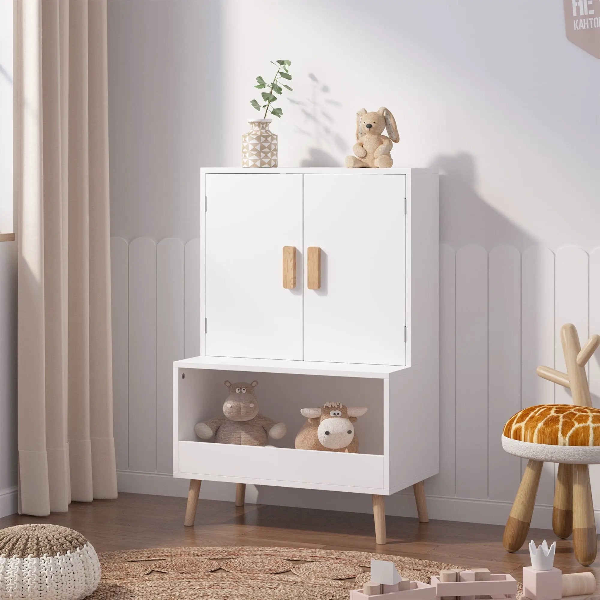 Toy Storage Cabinet With Doors And Open Shelf, Toddler Bookshelf For Playroom - White by Unique Piece Furniture