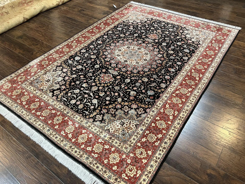 Marvelous Persian Tabriz Rug 7x10 ft, Super Fine 50 Raj, 300+ KPSI, Black and Rust Red, Floral Medallion Handmade Wool Oriental Carpet, Top Quality by Jewel Rugs