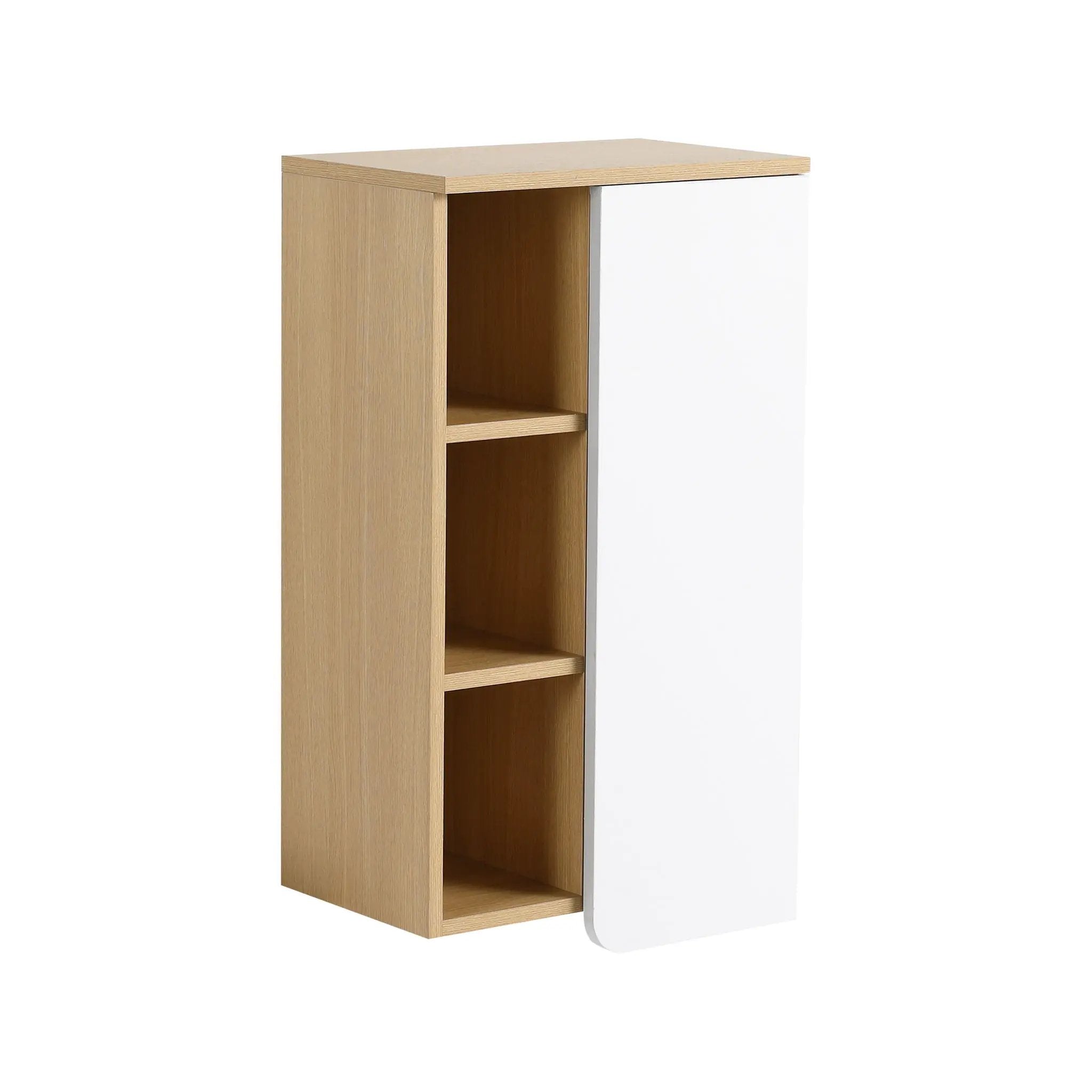 Wall Mounted Bathroom Side Cabinet, Single Door With 3 Tier Open Shelves - Black / Light Oak / White by HouseOfZazla