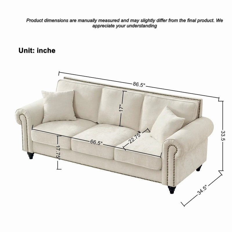 3 Seater Sofa With Tufted Upholstery, Rolled Arms, Nailhead Trim by Unique Piece Furniture