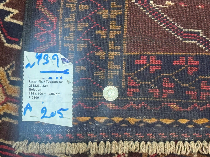Afghan Rug 3x7, Maroon and Navy Blue, Balouch Carpet, Tribal Rug, New by Jewel Rugs