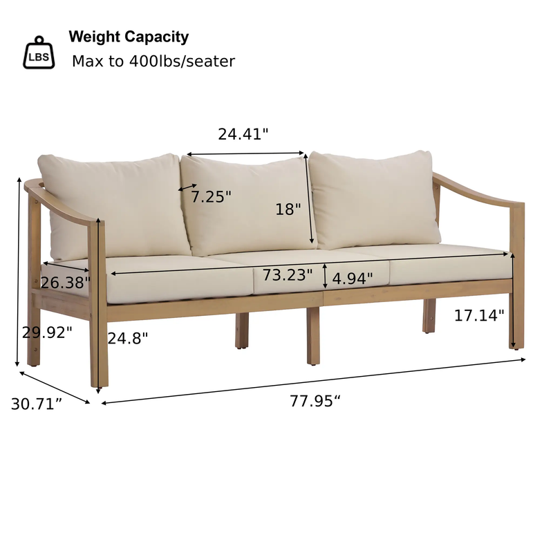 77.95" Outdoor Acacia Wood 3-Seater Sofa with Beige Cushions by HouseOfZazla