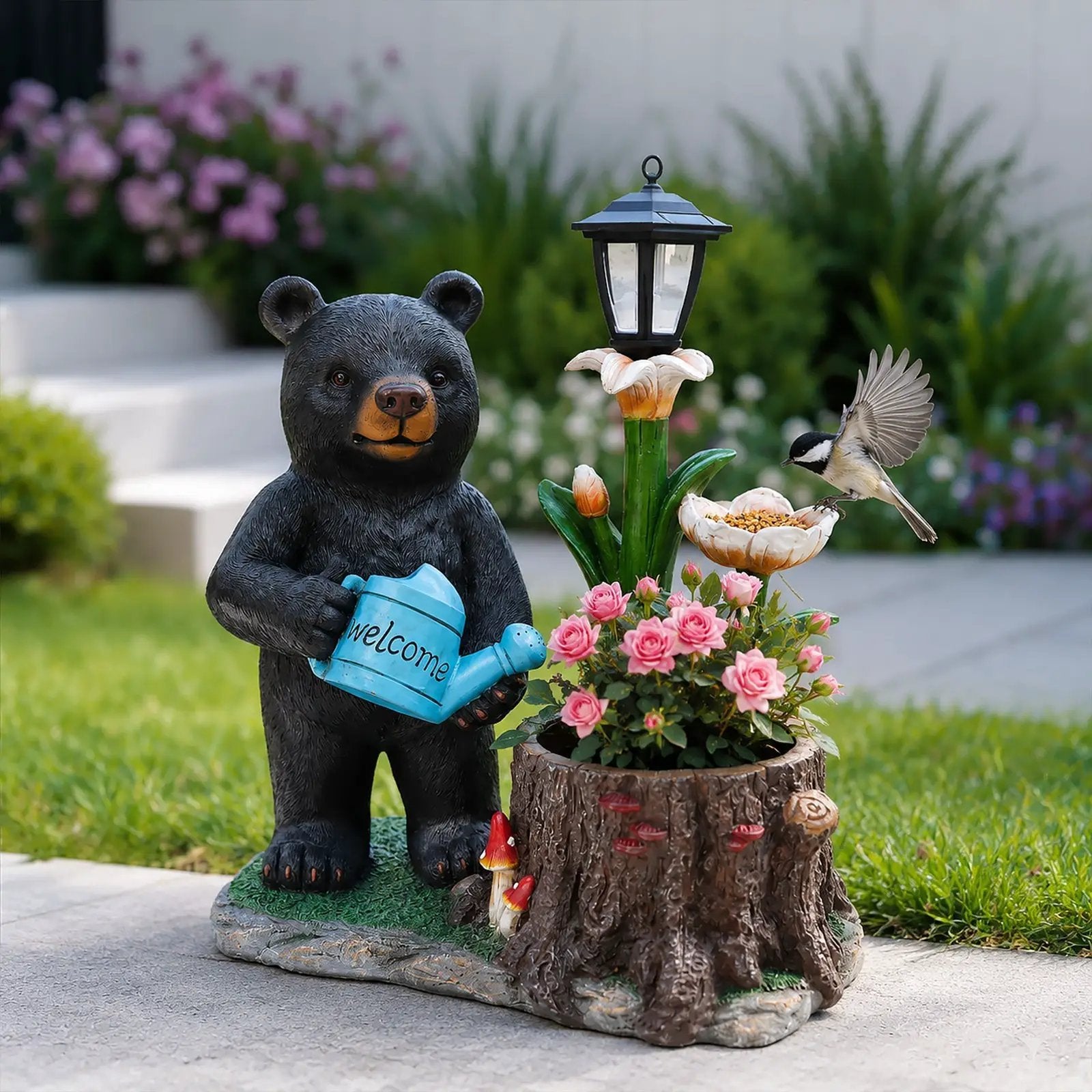 Standing Black Bear Garden Planter with Decorative Solar Lantern by HouseOfZazla