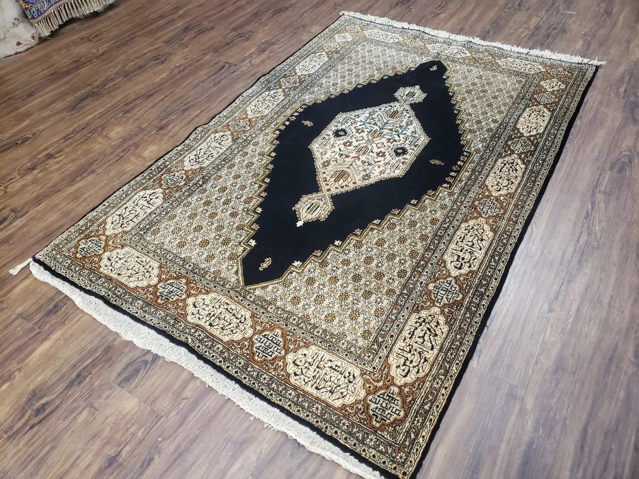 Persian Silk Qum Rug, Silk on Silk, Black Golden Brown and Beige, Hand-Knotted, 3'6" x 5' 5" by Jewel Rugs