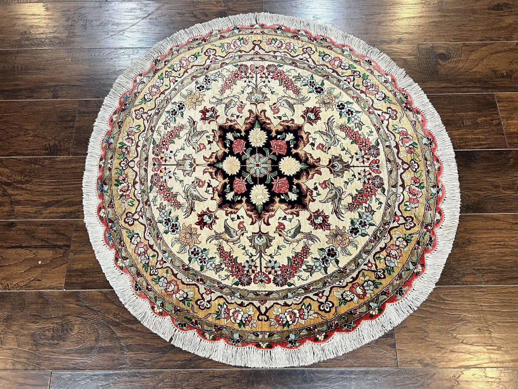 Silk Persian Tabriz Round Rug 3x3 ft, Very Fine Hand Knotted Carpet 380 KPSI, Cream & Gold, Bird Pictorials, Floral, Rare by Jewel Rugs