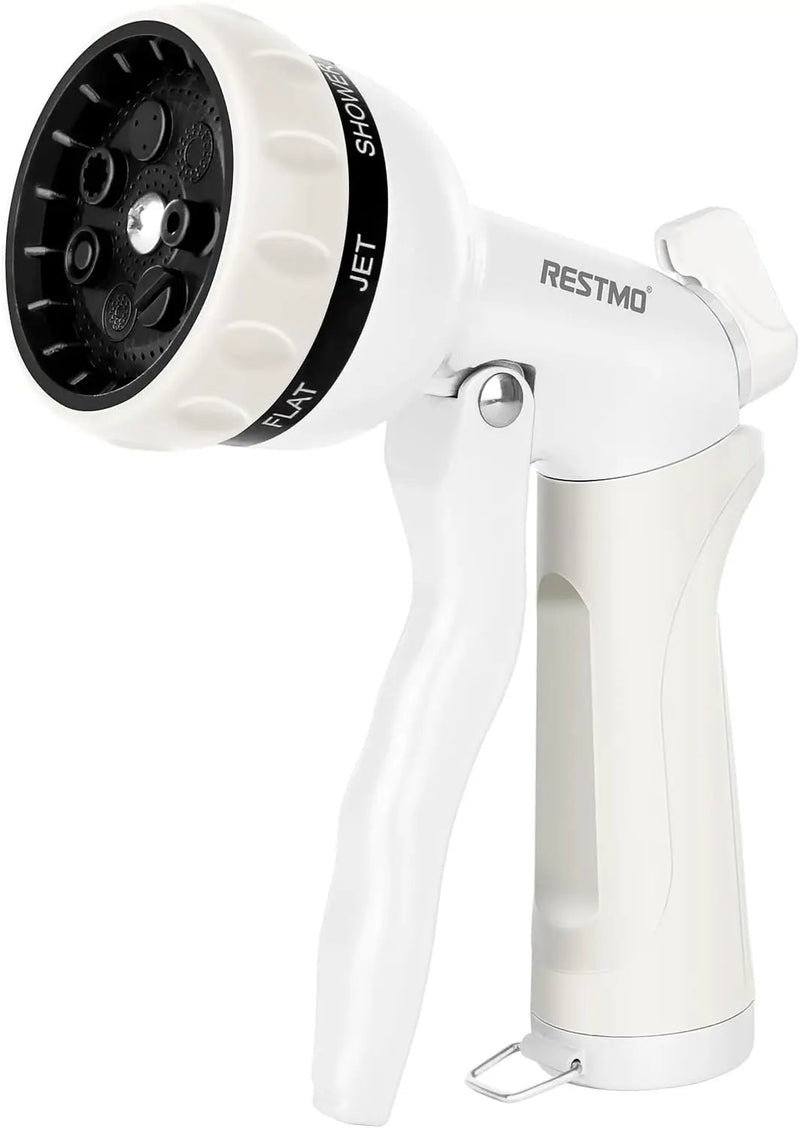RESTMO Garden Hose Nozzle, Heavy Duty Metal Water Hose Nozzle with 7 Adjustable Spray Patterns, High Pressure Hand Sprayer with Flow Control, Best for Watering Plant & Lawn, Washing Car & Pet, White by GreenHaven Gardens