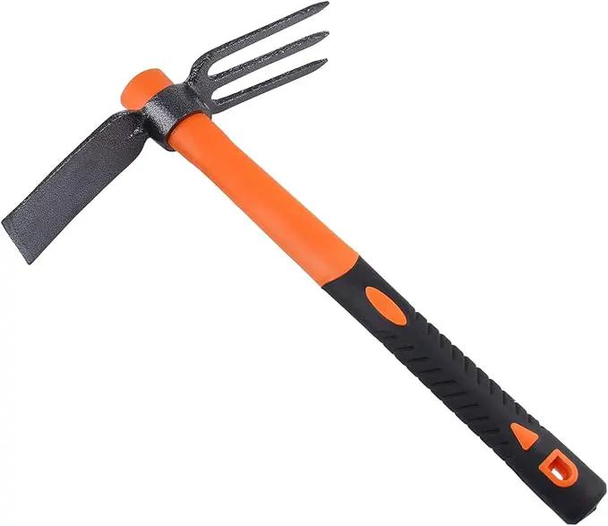 3 Sprongs Dual Head Rake Hoe with Heavy Duty Forged Adze and Ergonomic Non-Slip Handle for Loosening Soil, Gardening, Camping Outdoor 39mm/15-Inch by GreenHaven Gardens