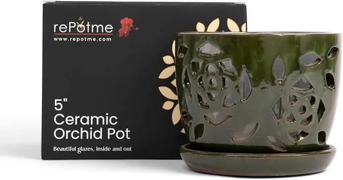 rePotme 5 inch Floral Cutout Ceramic Orchid Pot (Emerald Green) - Includes 5 inch Slotted Pot Liner by GreenHaven Gardens