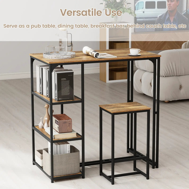 3-Piece Bar Table Set for 2 Bar-Height Dining Table with 2 Stools-Rustic Brown by DirectDeals