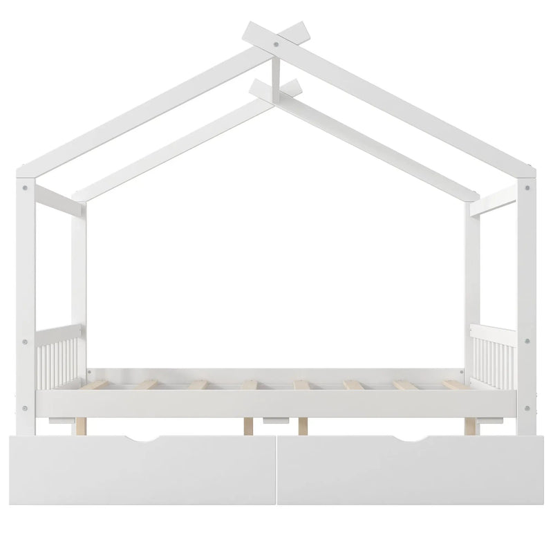 House Style Platform Bed With Headboard, Footboard, 2 Drawers, And Roof Design by HouseOfZazla