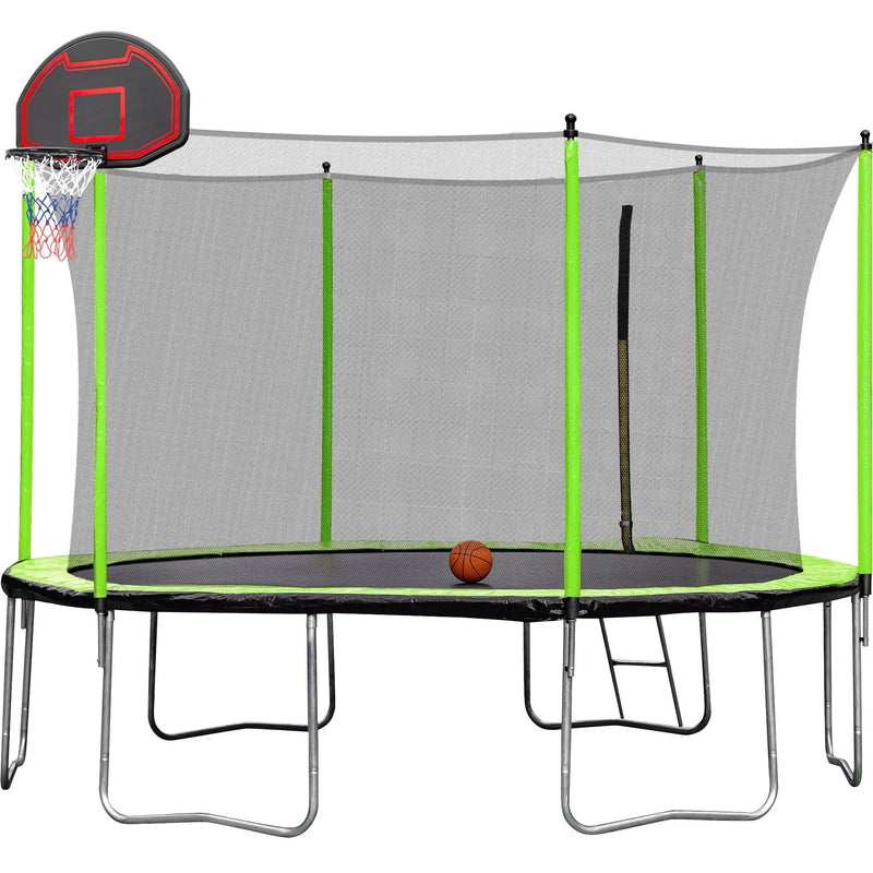 14Ft Trampoline With Basketball Hoop Inflator And Ladder (Inner Safety Enclosure) - Green by HouseOfZazla