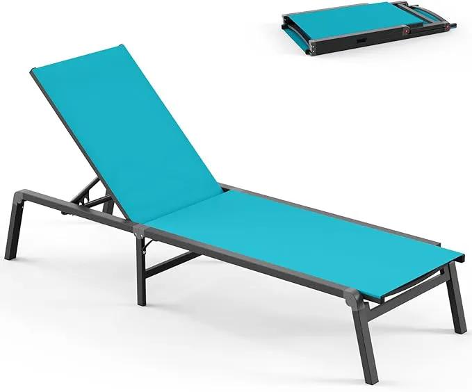 Chaise Lounge Outdoor, Foldable Aluminum Pool Lounge Chairs with 5 Positions Recliner - Free Assembly - Patio Chaise Lounge Chair for Poolside, Beach, Yard (Lakeblue) by GreenHaven Gardens