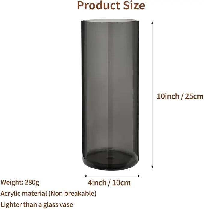 Flower Vase, Non-breakable Vases, 4" W x 10" H, Acrylic Grey Vase, Aesthetic Room Decor Cylindrical Modern Flower Vases for Table Centerpiece, Home Decor, Women Floral Arrangement Gift by GreenHaven Gardens