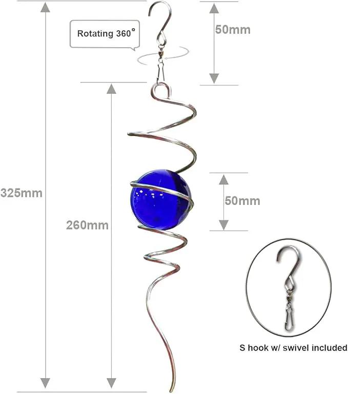FONMY Gazing Ball Spiral Tail -Decorative Wind Spinner 11" inch Tail and 2" inch Blue Glass Orb. Indoor Outdoor Garden Decoration -13 inch Height by GreenHaven Gardens