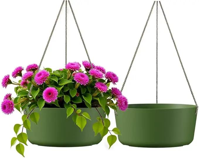 10.7 Inch Hanging Planter for Outdoor Indoor Plants，2 Pack Hanging Flower Pots with Drain Holes for Garden Home Decor Use (Dark Green) by GreenHaven Gardens