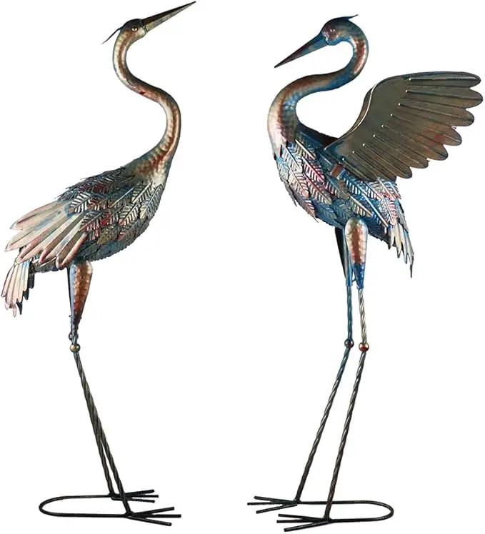 Garden Cranes Statue Retro Animal Sculpture Standing Metal Crane Garden Decoration Metal Yard Art for Yard Outdoor Decoration Set of 2 by GreenHaven Gardens