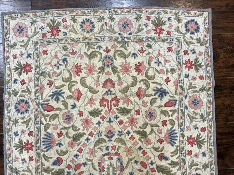 Hand Stitched Indian Rug 4x5, Floral, Vintage Hand Embroidered Rug by Jewel Rugs