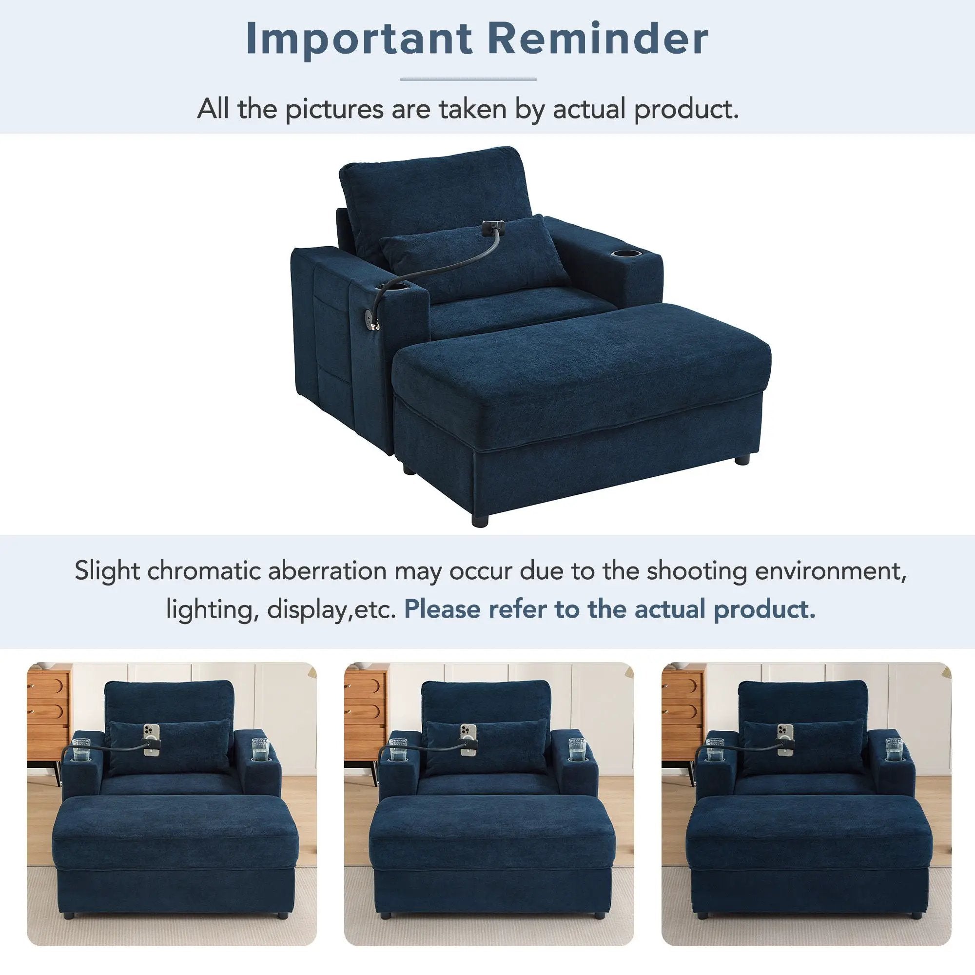 Modern Style Armchair Chaise Lounge Sofa Couch With Movable Storage Ottoman, USB Ports, Cup Holders, Phone Holder, Side Pockets by HouseOfZazla