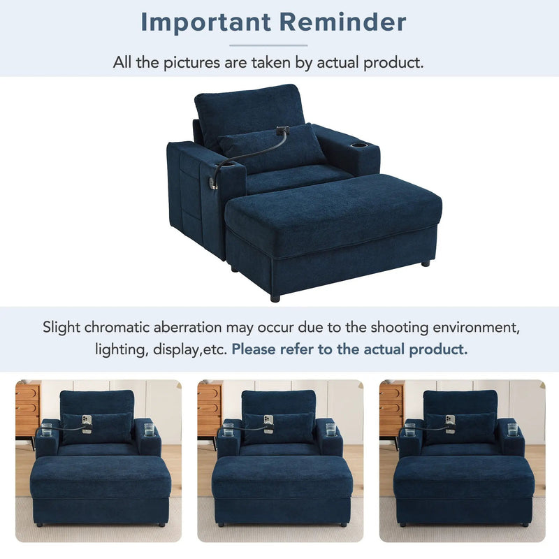 Modern Style Armchair Chaise Lounge Sofa Couch With Movable Storage Ottoman, USB Ports, Cup Holders, Phone Holder, Side Pockets by HouseOfZazla