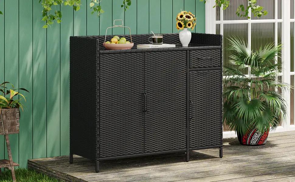 K&K 47.5"W Wicker Outdoor Storage Cabinet with Tempered Glass Top by HouseOfZazla