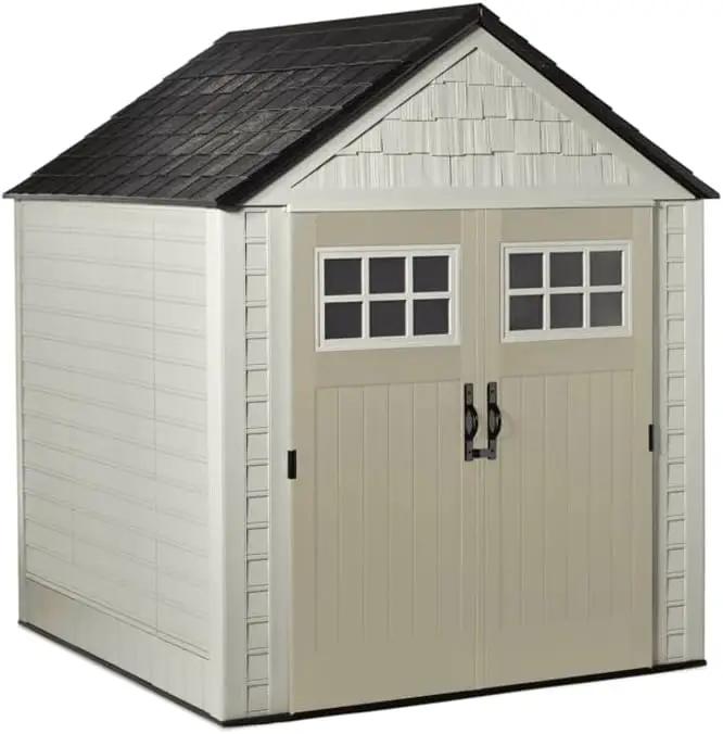 Rubbermaid 7 Foot by 7 Foot Weatherproof Outdoor Storage Shed for Garden Tools and Lawn Machinery Organization with Lockable Double Door Sandstone by GreenHaven Gardens