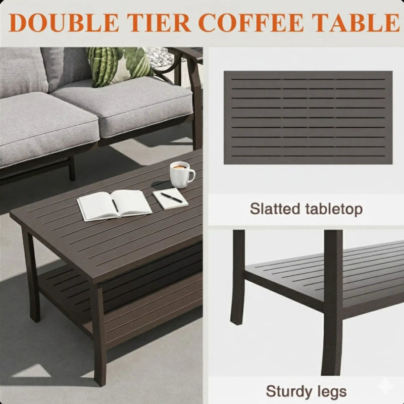 Rectangular Outdoor Coffee Table, 2 Tier All Weather Patio Table - Brown by HouseOfZazla