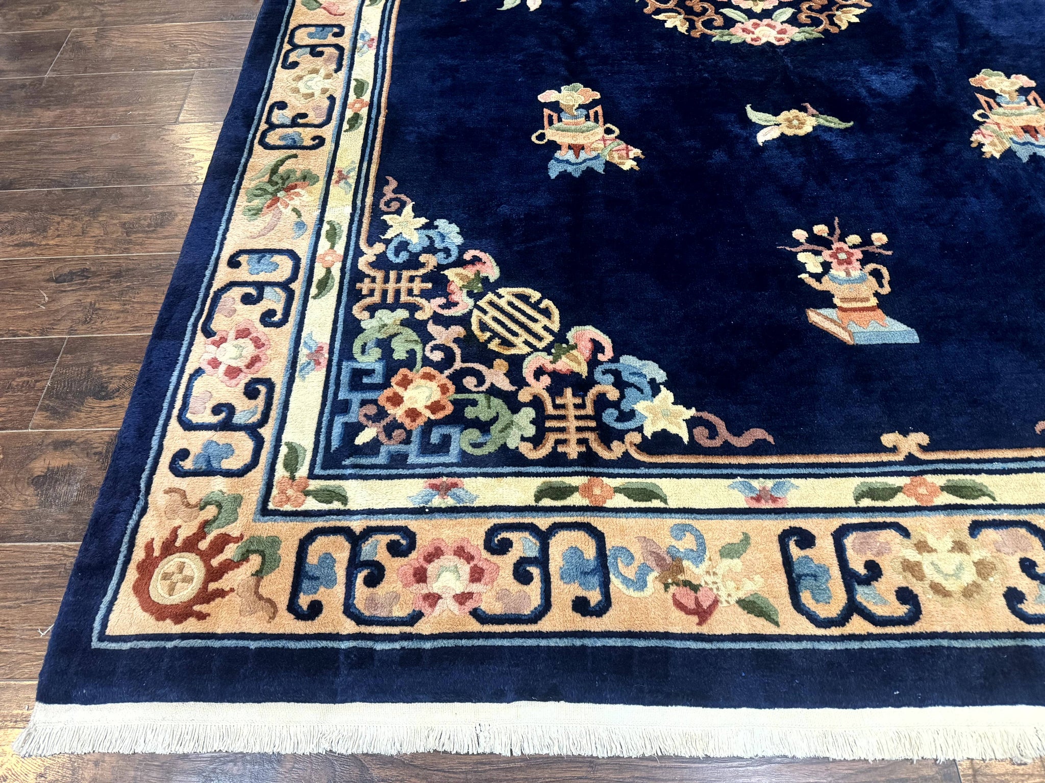 Chinese Wool Rug 8x11, Navy Blue and Beige, Simple Design, Fete Carpet by Jewel Rugs