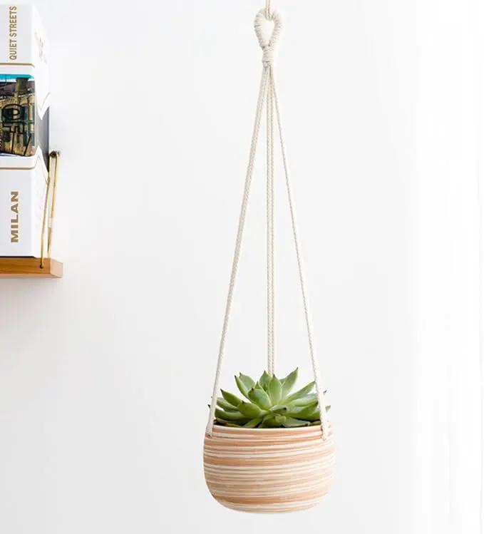 Mkono Ceramic Hanging Planter Macrame Plant Holder 5 Inch Cute Succulent Cactus Pot with Cotton Rope Hanger for Indoor Outdoor Decor, 1 Pack by GreenHaven Gardens