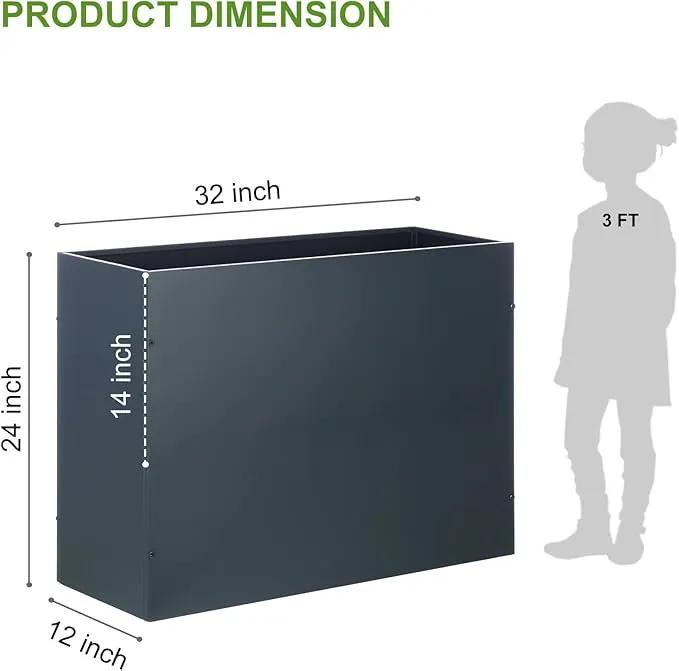 BAYN Metal Rectangular Planter Box Tall Planters for Outdoor Plants Modern Heavy Duty with Drainage Holes for Outside Indoor Patio Deck - Grey, 32”x 12”x 24” by GreenHaven Gardens