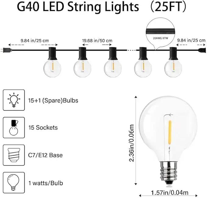 25FT LED Globe String Lights,Waterproof Hanging String Light with 15 Warm White Shatterproof G40 Bulbs(1 Spare), for Indoor/Outdoor Commercial Decor (25FT) by GreenHaven Gardens