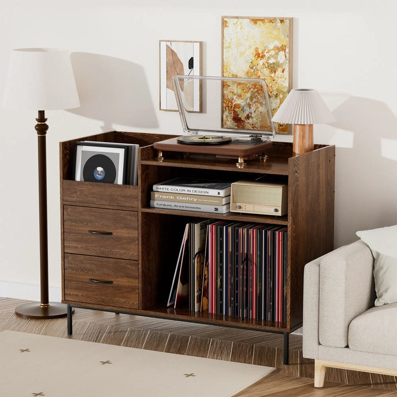 Eco-Friendly Vinyl Record Player Stand With Flip-Top Storage, Media Console With Dual Outlets And Dustproof Drawers by Unique Piece Furniture