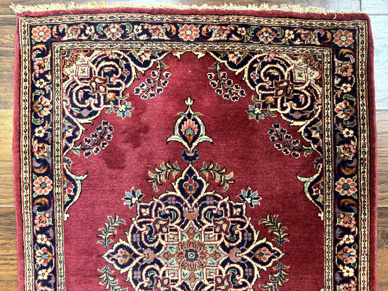 Small Persian Kashan Rug 2x3, Red and Navy Blue, Handmade Vintage Wool Semi Antique Persian Carpet, Semi Open Field by Jewel Rugs