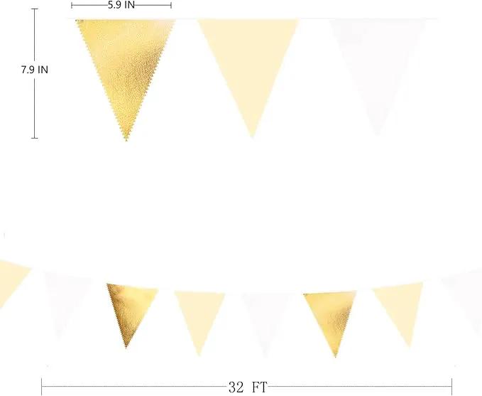 White and Gold Party Decorations Gold Beige White Fabric Triangle Pennant Banner Flag Bunting Garland for Graduation Wedding Birthday Bridal Shower Anniversary Engagement Baptism Party Supplies by GreenHaven Gardens