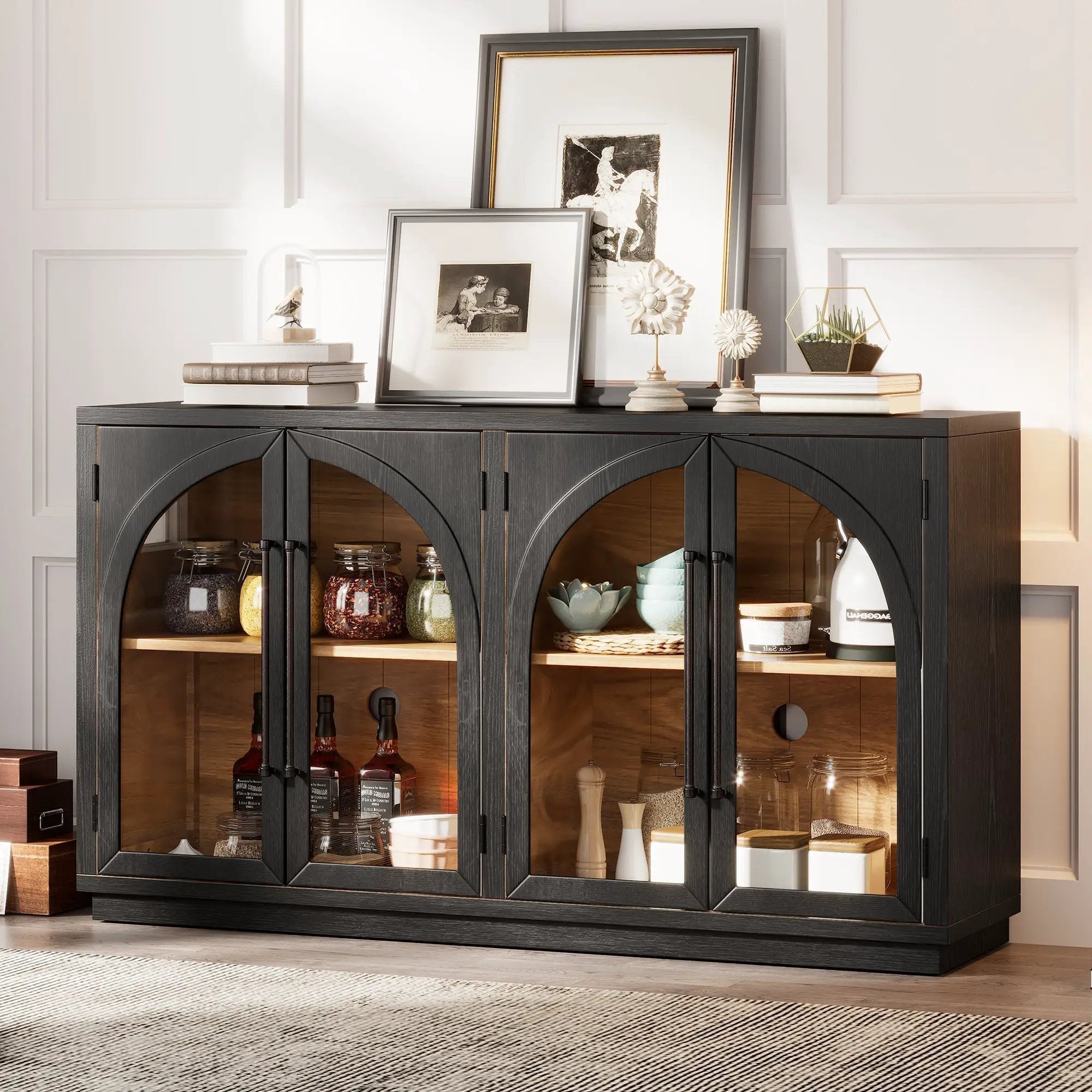 4-Door Large Storage Sideboard Buffet Cabinet with Glass Doors Arched Cabinet (Black) by HouseOfZazla