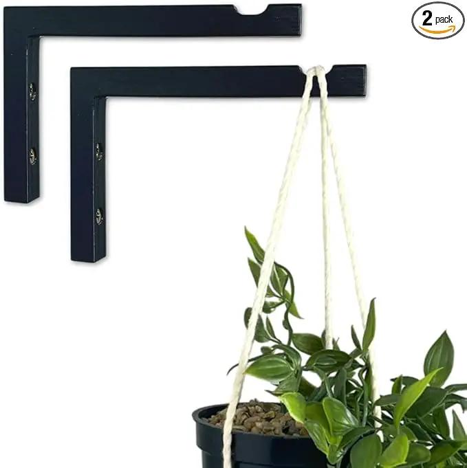 2-Piece Set of Plant Hooks for Wall 6 Inch - L-Shaped Mounted Wooden Plant Hook - Indoor and Outdoor Bracket Plant Hanger for Planters, Lanterns, Bird Feeders and Plant Basket (Black) by GreenHaven Gardens