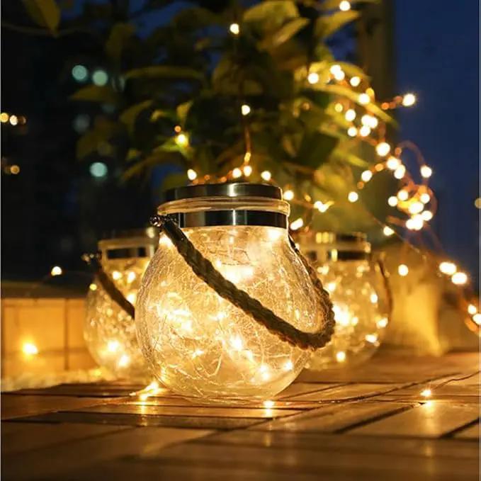 Solar Crackle Glass Hanging Lanterns, 5.5 in Height, IP65 Waterproof, 30 LED Lights, 2-Pack, Warm White by GreenHaven Gardens