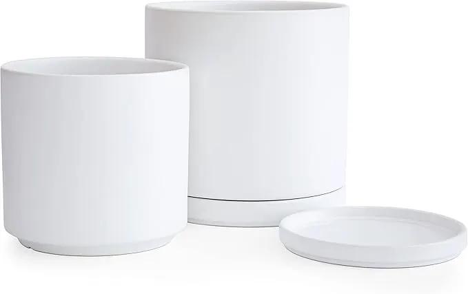 D'vine Dev 8 Inch & 10 Inch Ceramic Planter Pot for Plants with Drainage Hole and Saucer, Large Plant Pots Set, White, 94-G-L-1 by GreenHaven Gardens